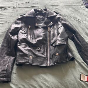 GUESS Textured Black Leather Jacket for Women